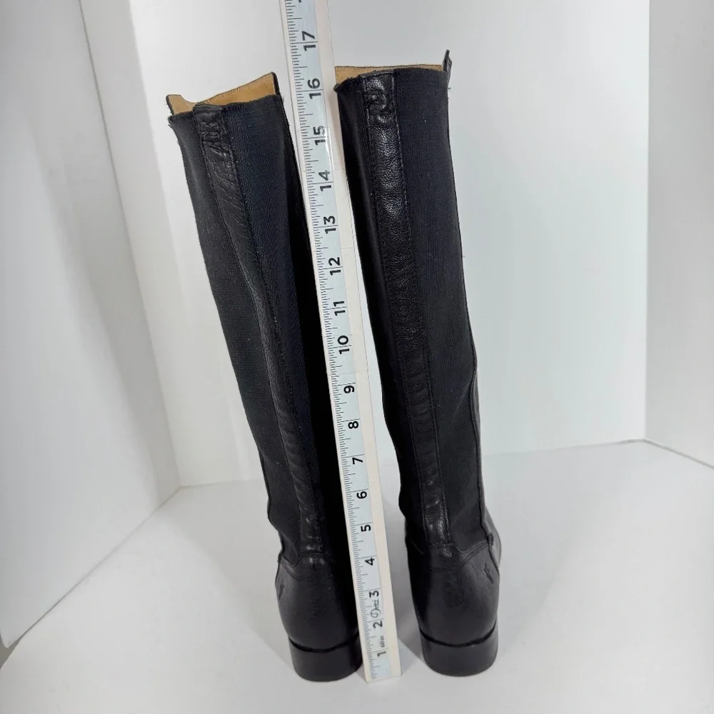 Frye Black Leather Tall Riding Boots Stretch Back Panel Size 6.5B Equestrian